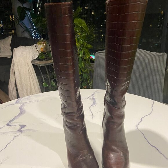 Brown Tall Leather Boots – Croc-Embossed – Block Heel – Almost New - Picture 2 of 5